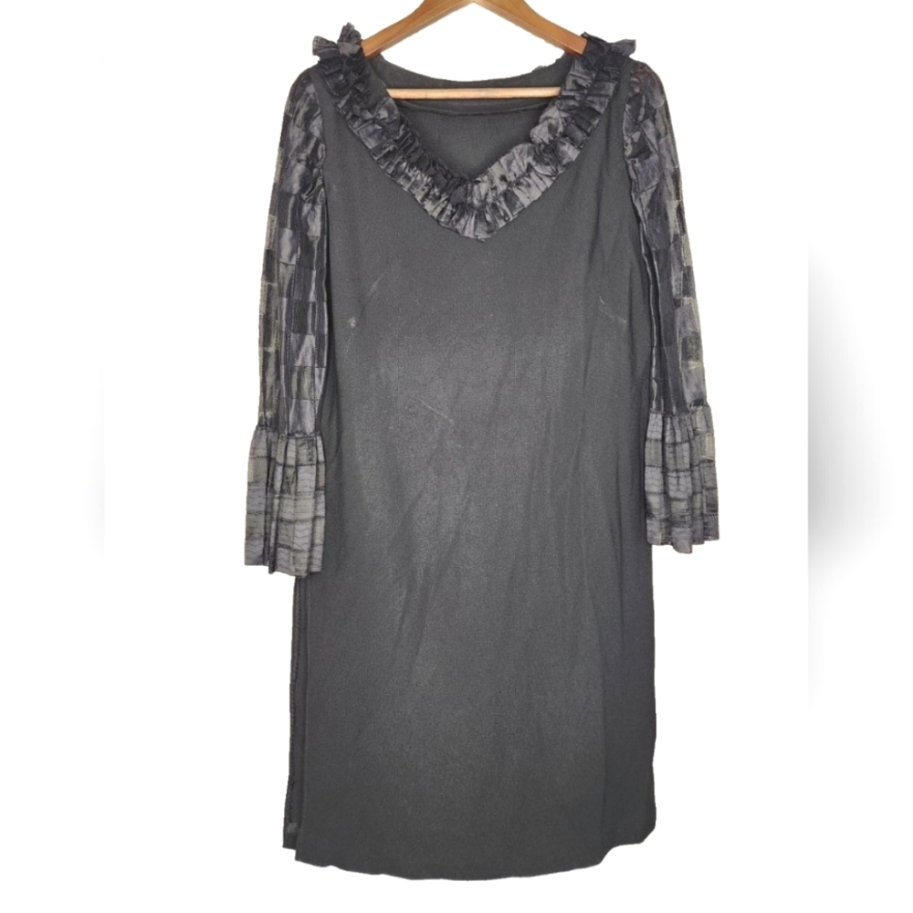 1970s Vintage Black Side Slit Ruffle Neck Long Tunic Top Dress